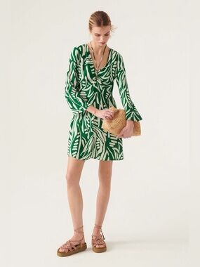 ba&sh Thesee Green Print Mini Dress Cutout Tie Front Viscose Size 3 US Large EUC